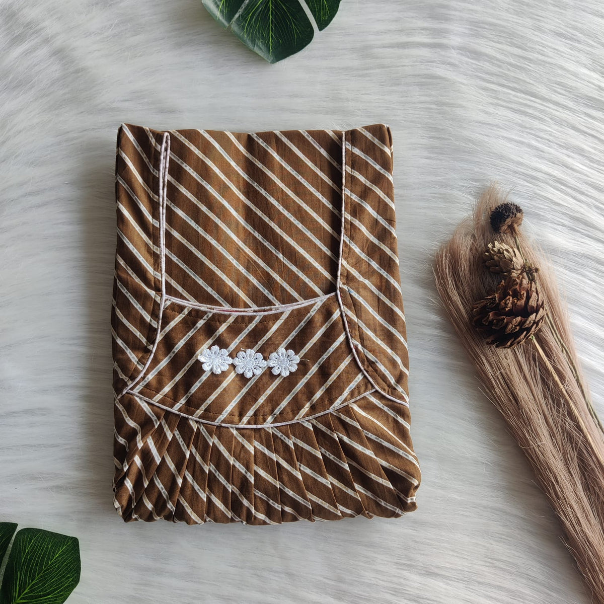 Brown Stripes Printed Premium Cotton Three Flower Nighty |Free Size | Chest Width 44"| Length 54"-55"