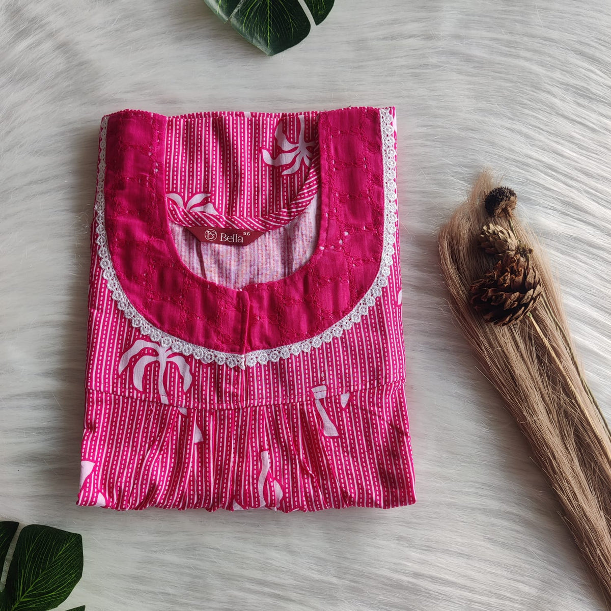 Pink Printed Premium Cotton Hakoba Lace Nighty | Free Size | Chest Width 44″| Length 54″-56″