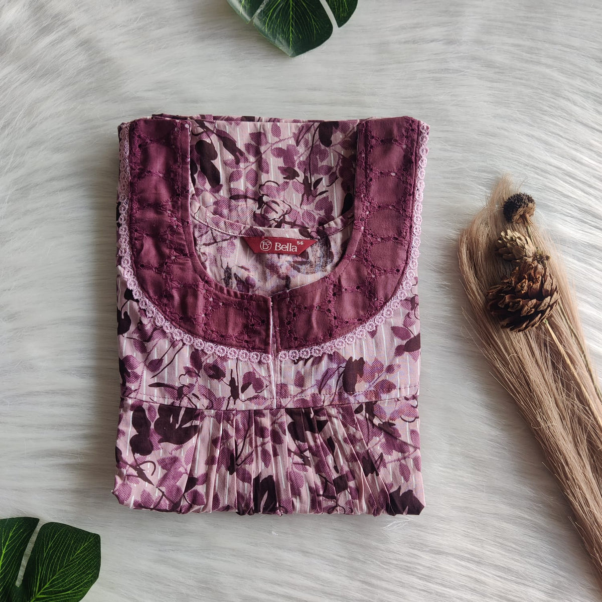 Dark And Pale Wine Leaf Printed Premium Cotton Hakoba Lace Nighty | Free Size | Chest Width 44″| Length 54″-56″