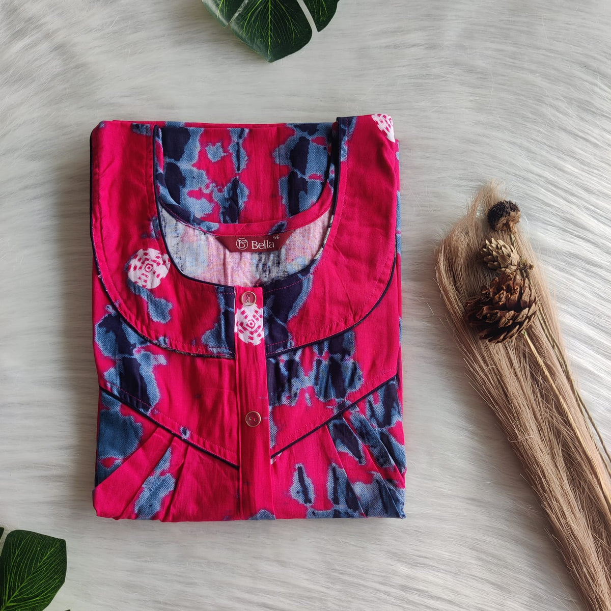 Pink Batik Printed Premium Cotton Long Zip Pleated Nighty | Chest Width 44″ | Length 56″