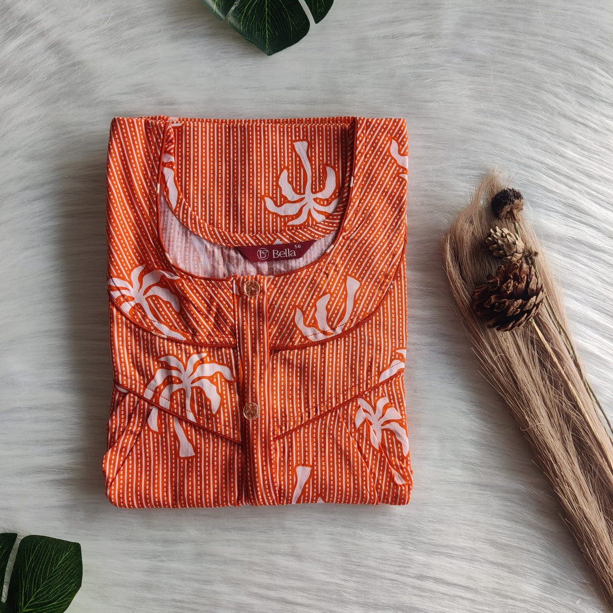 Orange Floral Printed Premium Cotton Long Zip Pleated Nighty | Chest Width 44″ | Length 56″