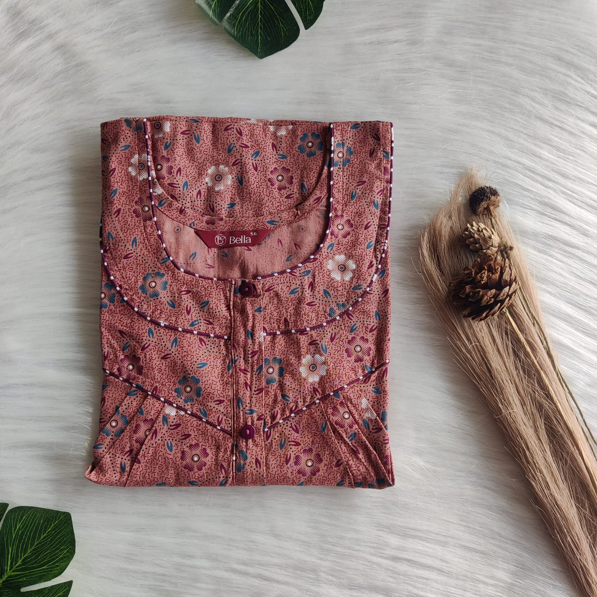 Pastel Brown Printed Premium Cotton Long Zip Pleated Nighty | Chest Width 44″ | Length 56″