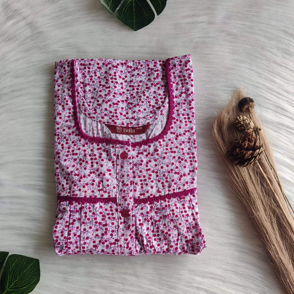 Pink Floral Printed White Premium Cotton Plus Size Lace Button Nighty | Chest Width 50"| Length 54"-56"