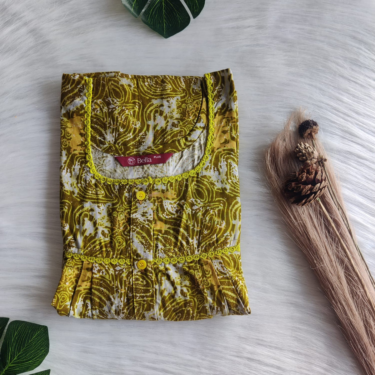 Olive Green Printed Premium Cotton Plus Size Lace Button Nighty | Chest Width 50"| Length 54"-56"