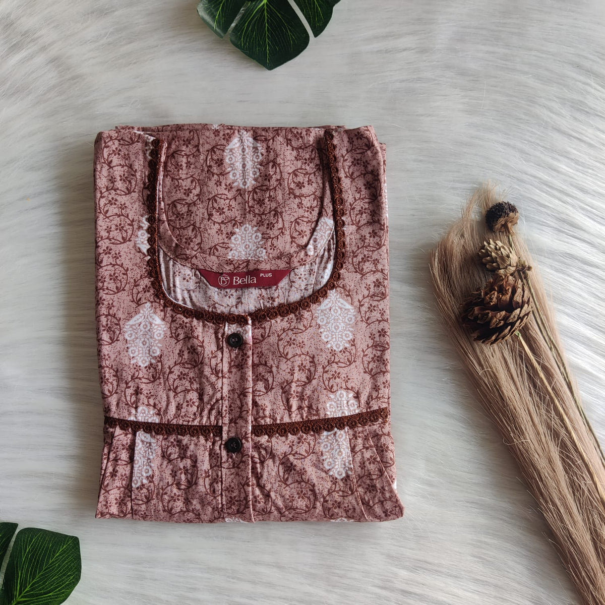 Pastel Brown Printed Premium Cotton Plus Size Lace Button Nighty | Chest Width 50"| Length 54"-56"