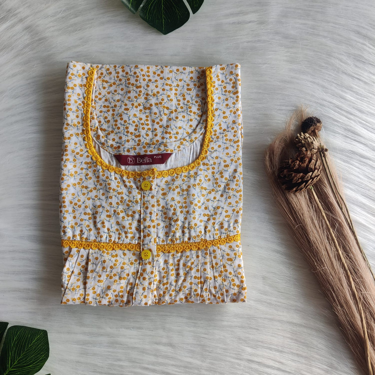 Yellow Floral Printed White Premium Cotton Plus Size Lace Button Nighty | Chest Width 50"| Length 54"-56"