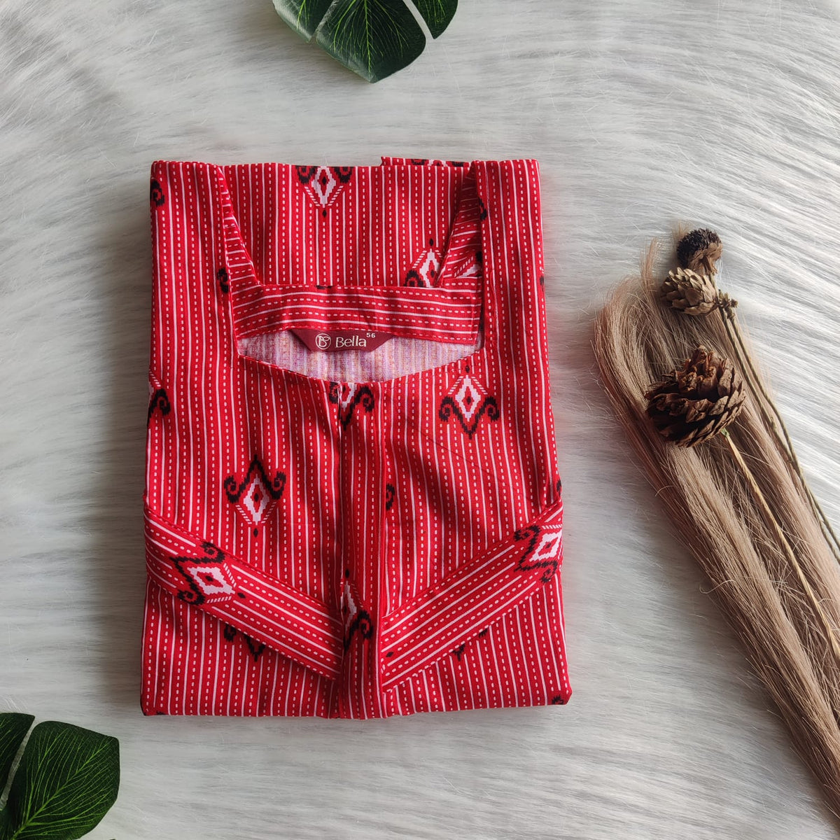 Red Printed Premium Cotton Horizontal Zip Feeding Nighty | Free Size | Chest Width 44″| Length 54″-56″|