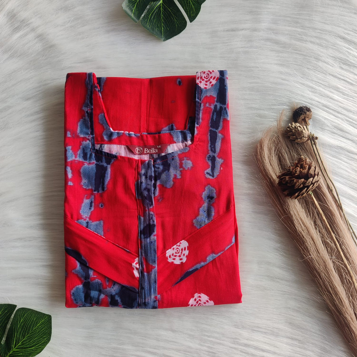 Red Batik Printed Premium Cotton Horizontal Zip Feeding Nighty | Free Size | Chest Width 44″| Length 54″-56″|