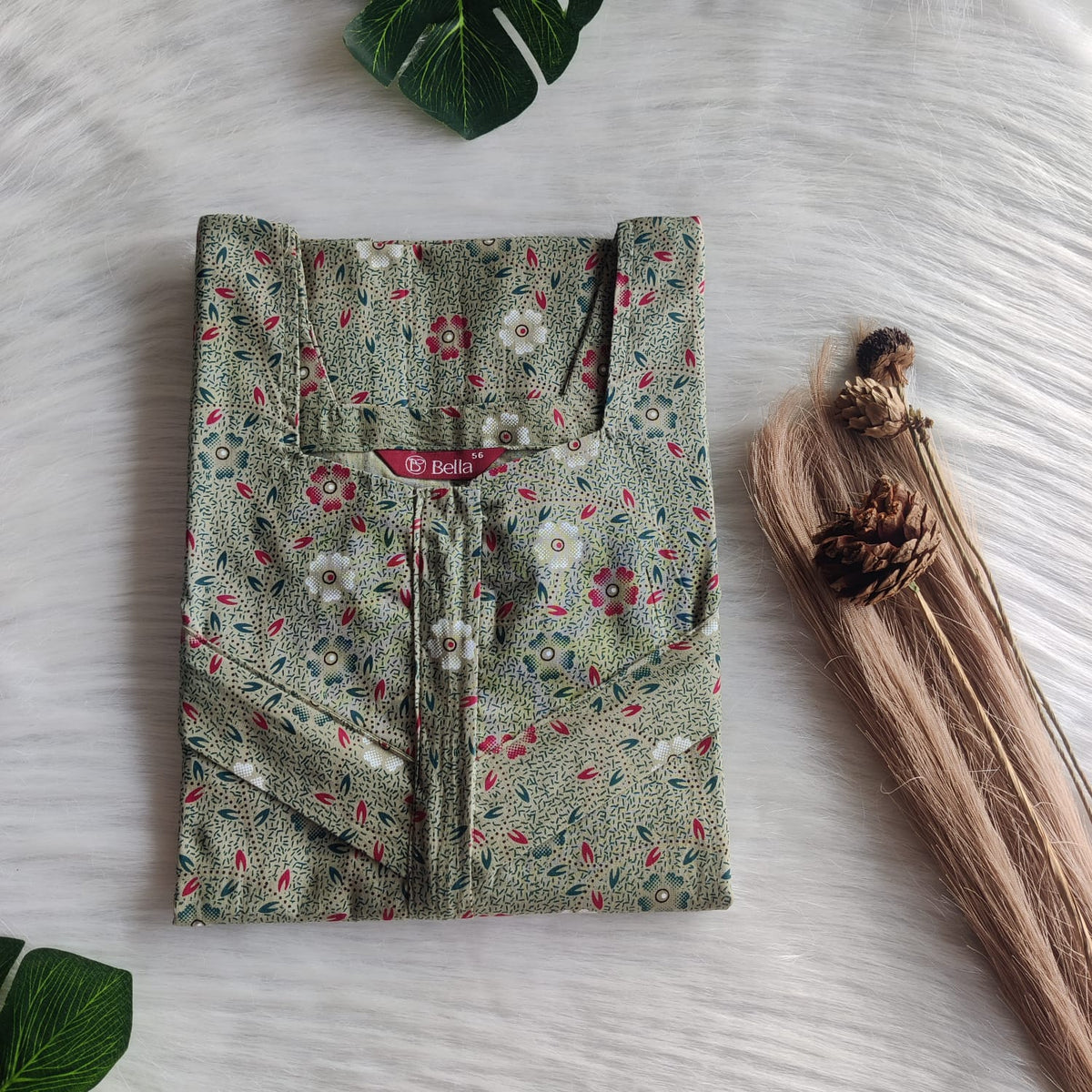 Pastel Green Floral Printed Premium Cotton Horizontal Zip Feeding Nighty | Free Size | Chest Width 44″| Length 54″-56″|