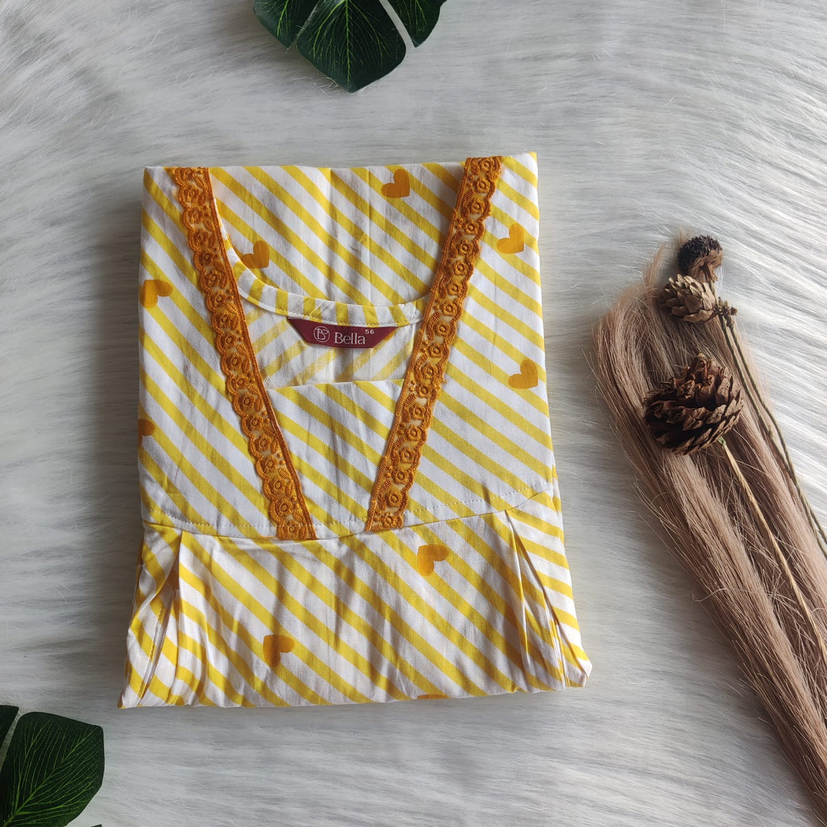 Yellow Heart Printed Premium Cotton Two Side Vertical Lace Zip Feeding Nighty | Free Size | Chest Width 44″| Length 56″