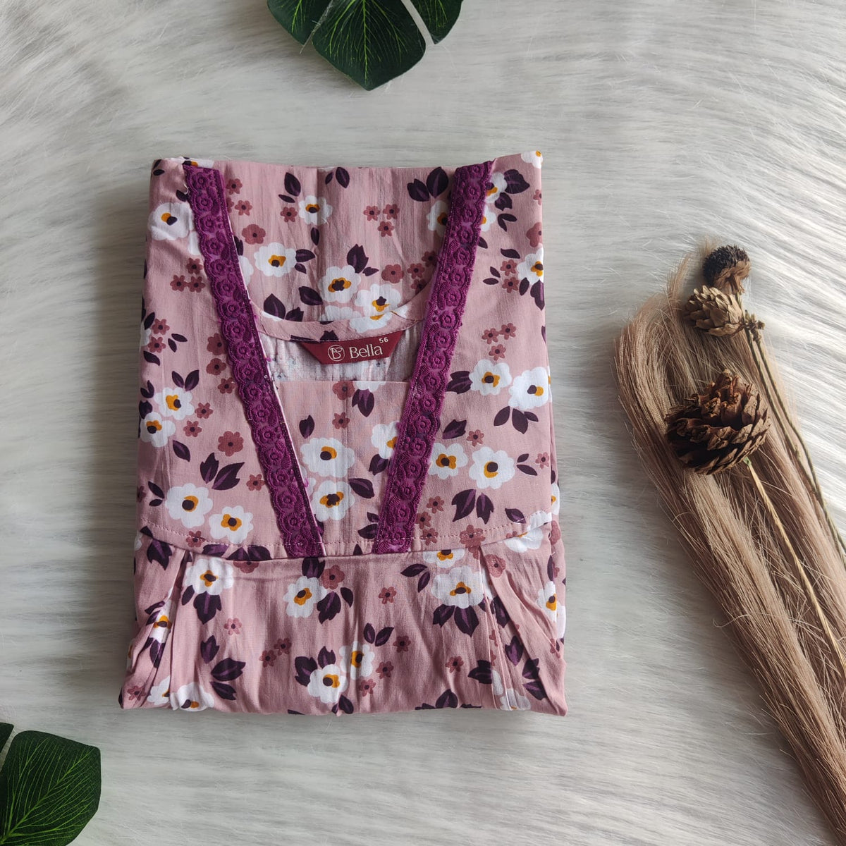 Pastel Wine Floral Printed Premium Cotton Two Side Vertical Lace Zip Feeding Nighty | Free Size | Chest Width 44″| Length 56″