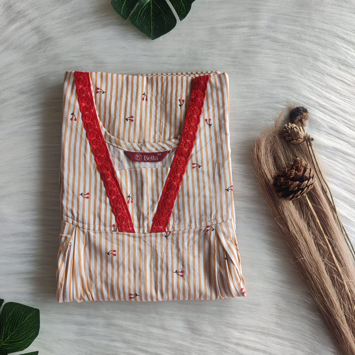 Orange Stripe Printed Premium Cotton Two Side Vertical Lace Zip Feeding Nighty | Free Size | Chest Width 44″| Length 56″