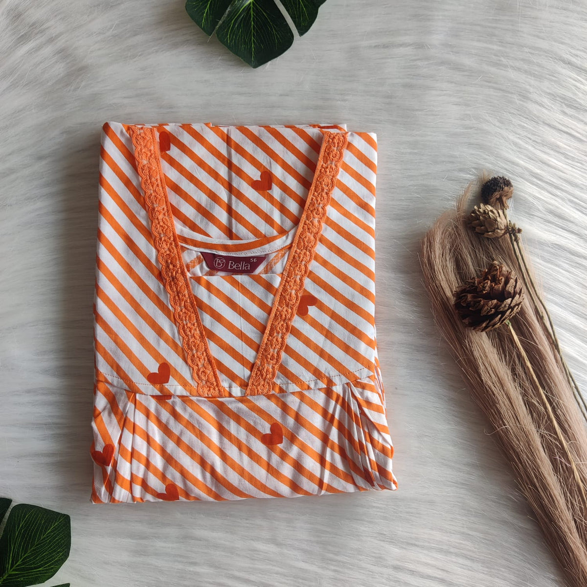 Orange Heart Printed Premium Cotton Two Side Vertical Lace Zip Feeding Nighty | Free Size | Chest Width 44″| Length 56″