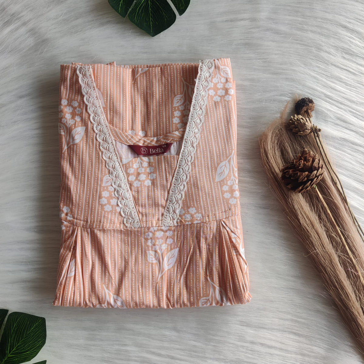 Pastel Orange Printed Premium Cotton Two Side Vertical Lace Zip Feeding Nighty | Free Size | Chest Width 44″| Length 56″