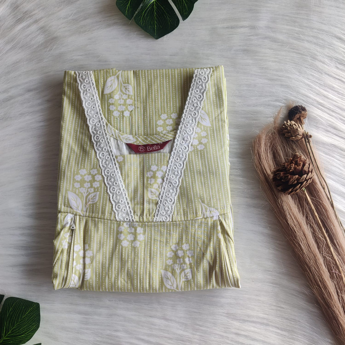 Pastel Green Printed Premium Cotton Two Side Vertical Lace Zip Feeding Nighty | Free Size | Chest Width 44″| Length 56″