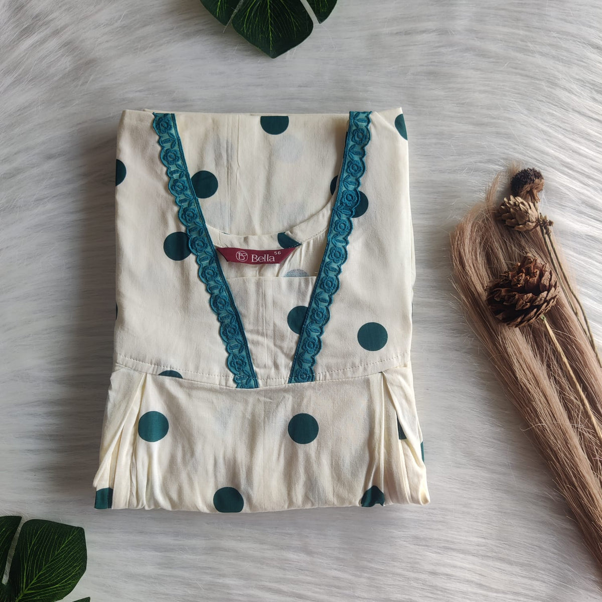 Green Dot Printed Ivory Premium Cotton Two Side Vertical Lace Zip Feeding Nighty | Free Size | Chest Width 44″| Length 56″