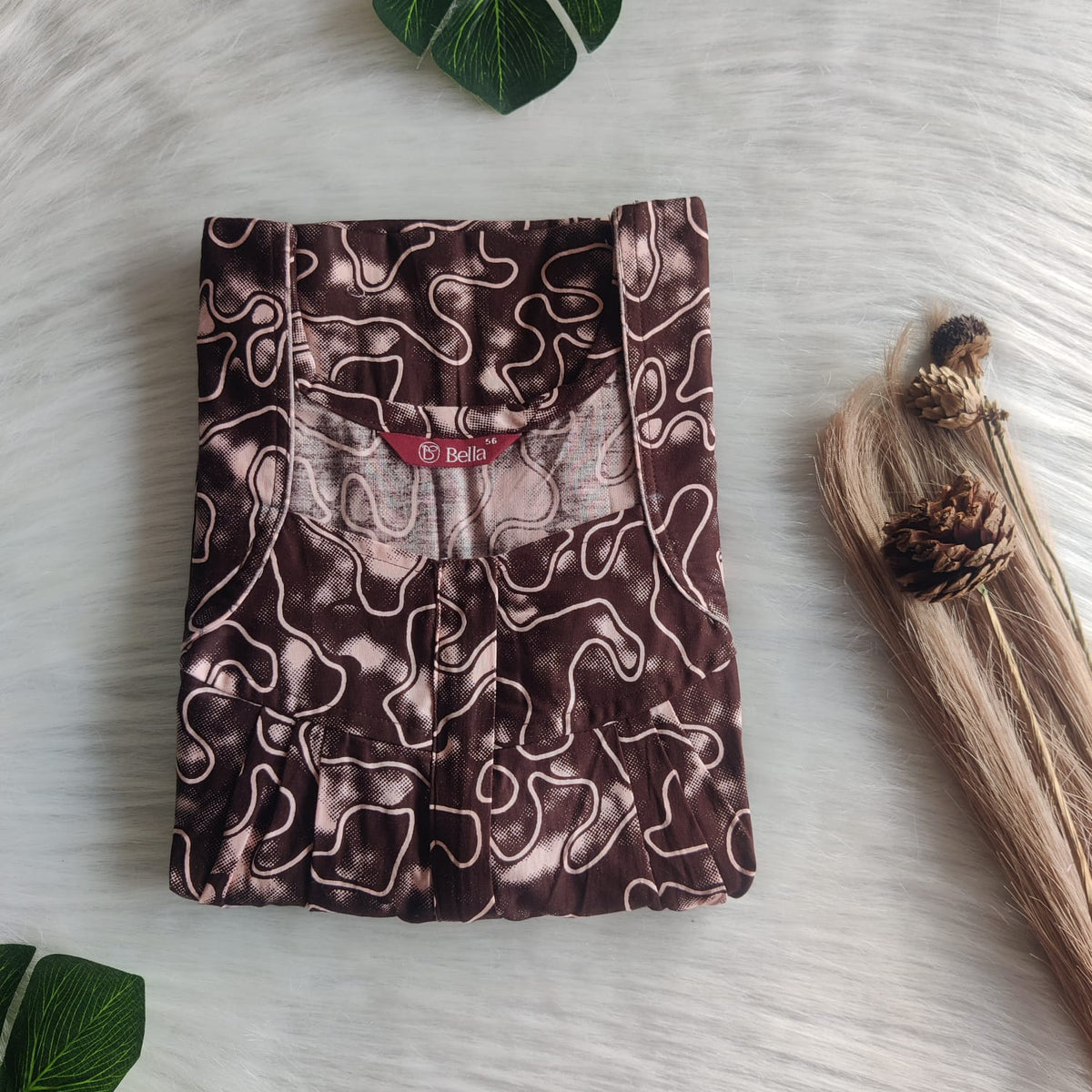 Coffee Brown Printed Premium Cotton Pleated Zip Nighty | Free Size | Chest Width 44″| Length 54″-55″