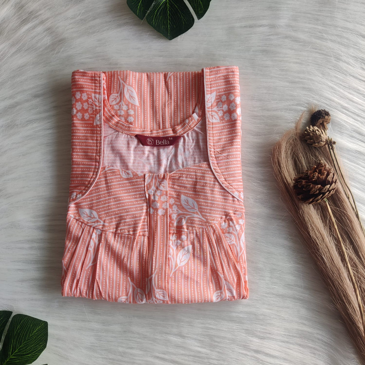 Pastel Orange Printed Premium Cotton Pleated Zip Nighty | Free Size | Chest Width 44″| Length 54″-55″
