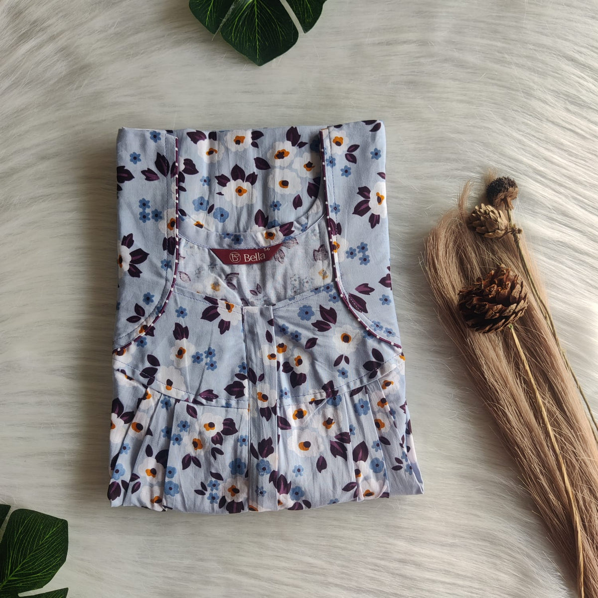 White Floral Printed Pastel Blue Premium Cotton Pleated Zip Nighty | Free Size | Chest Width 44″| Length 54″-55″