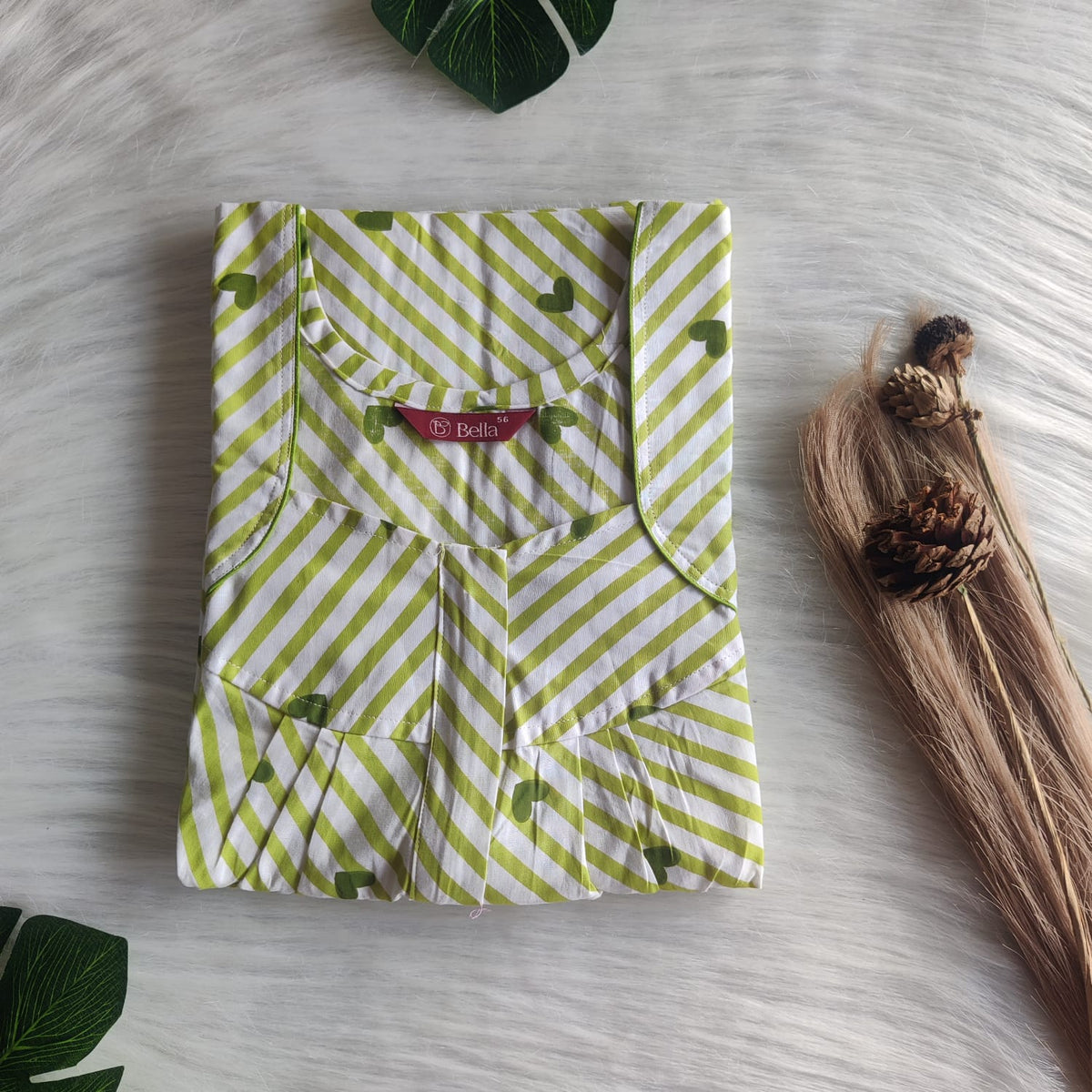 Green Heart Printed Premium Cotton Pleated Zip Nighty | Free Size | Chest Width 44″| Length 54″-55″