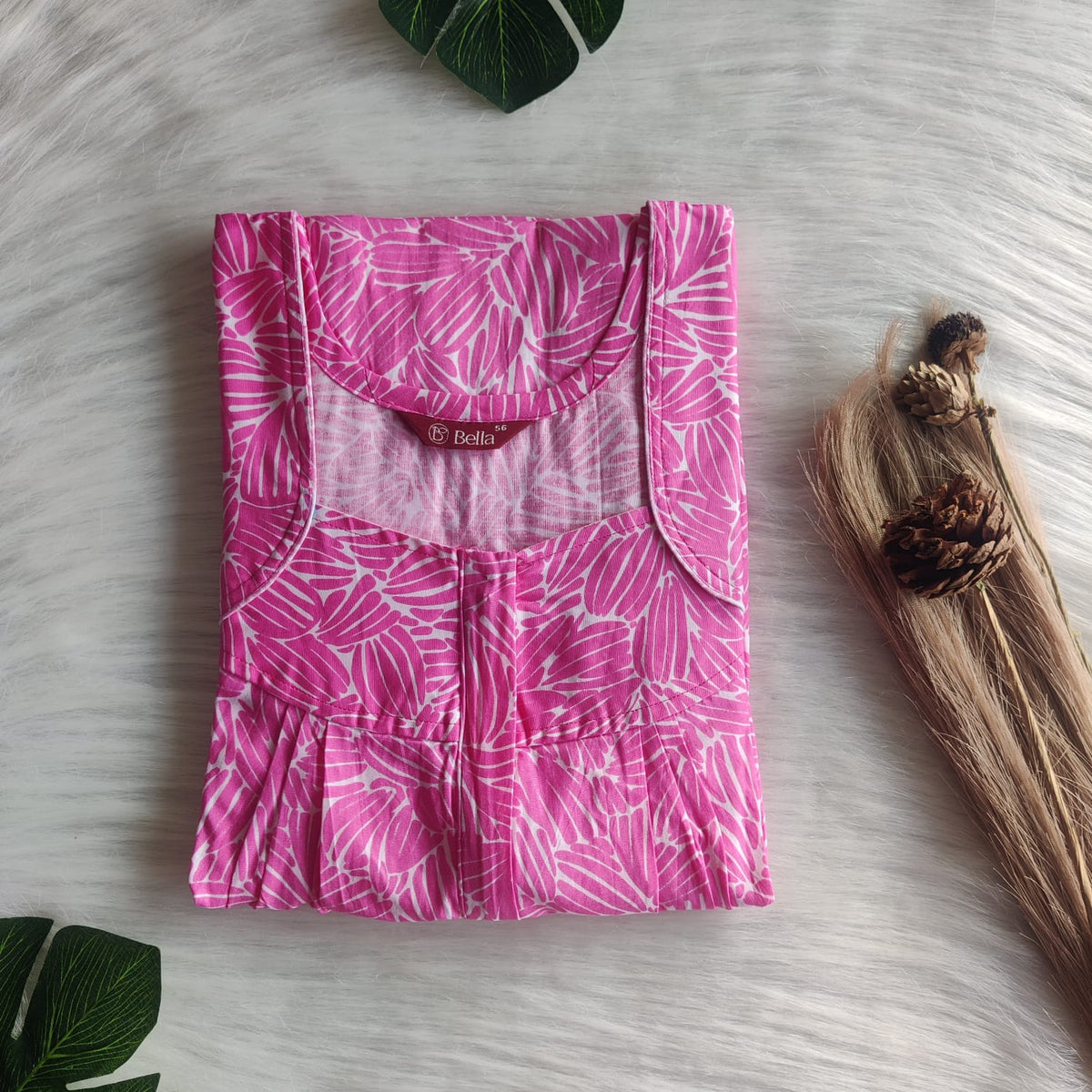 Pink Printed Premium Cotton Pleated Zip Nighty | Free Size | Chest Width 44″| Length 54″-55″