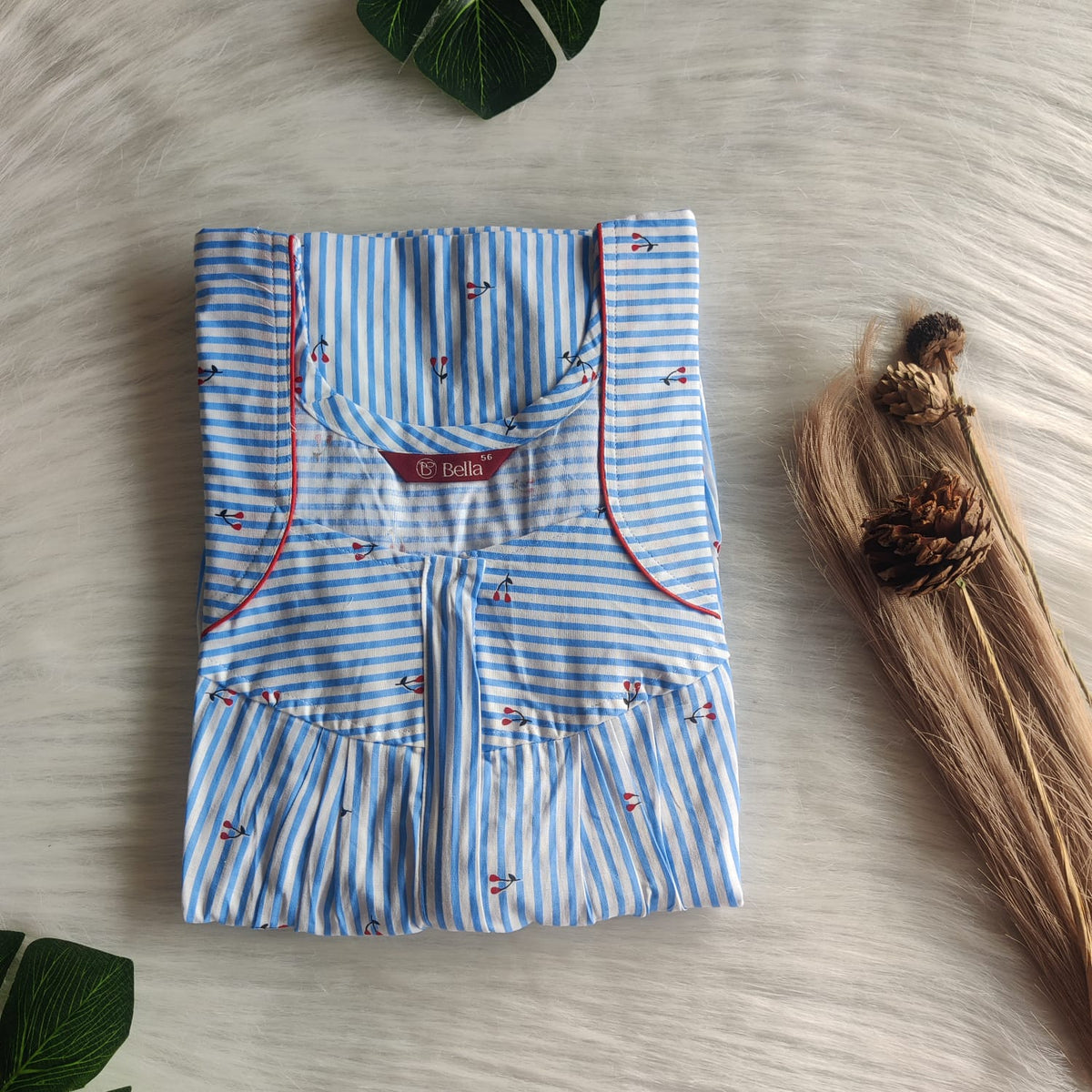 Blue Stripes Printed Premium Cotton Pleated Zip Nighty | Free Size | Chest Width 44″| Length 54″-55″