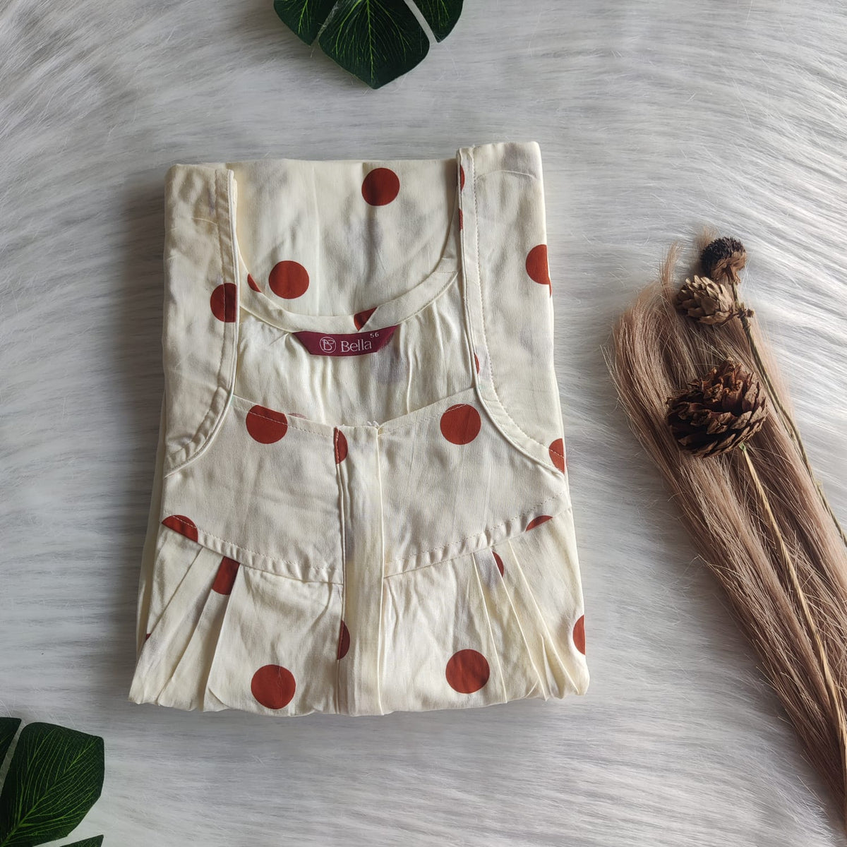 Brown Dot Printed Ivory Premium Cotton Pleated Zip Nighty | Free Size | Chest Width 44″| Length 54″-55″