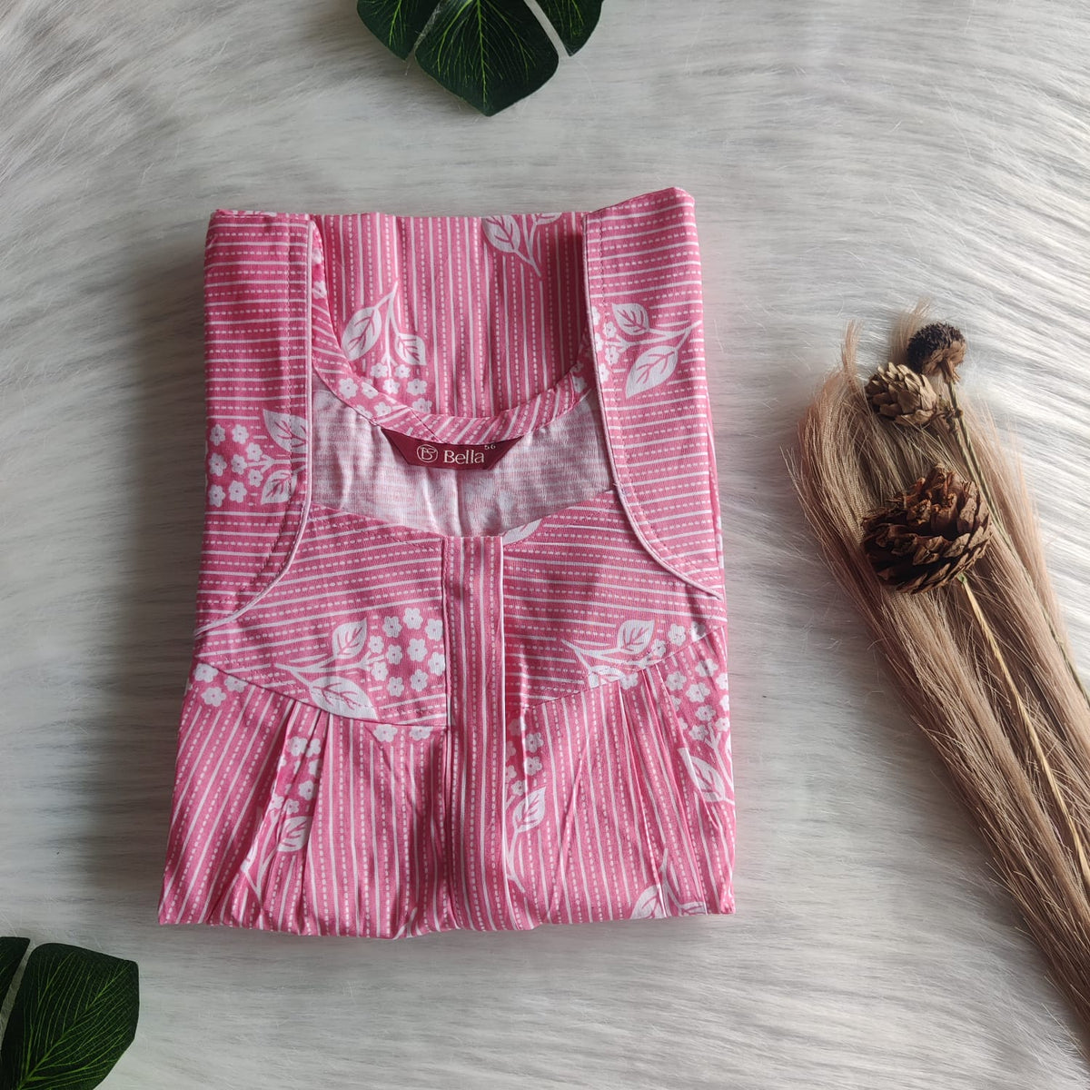 Pale Pink Leaf Printed Premium Cotton Pleated Zip Nighty | Free Size | Chest Width 44″| Length 54″-55″