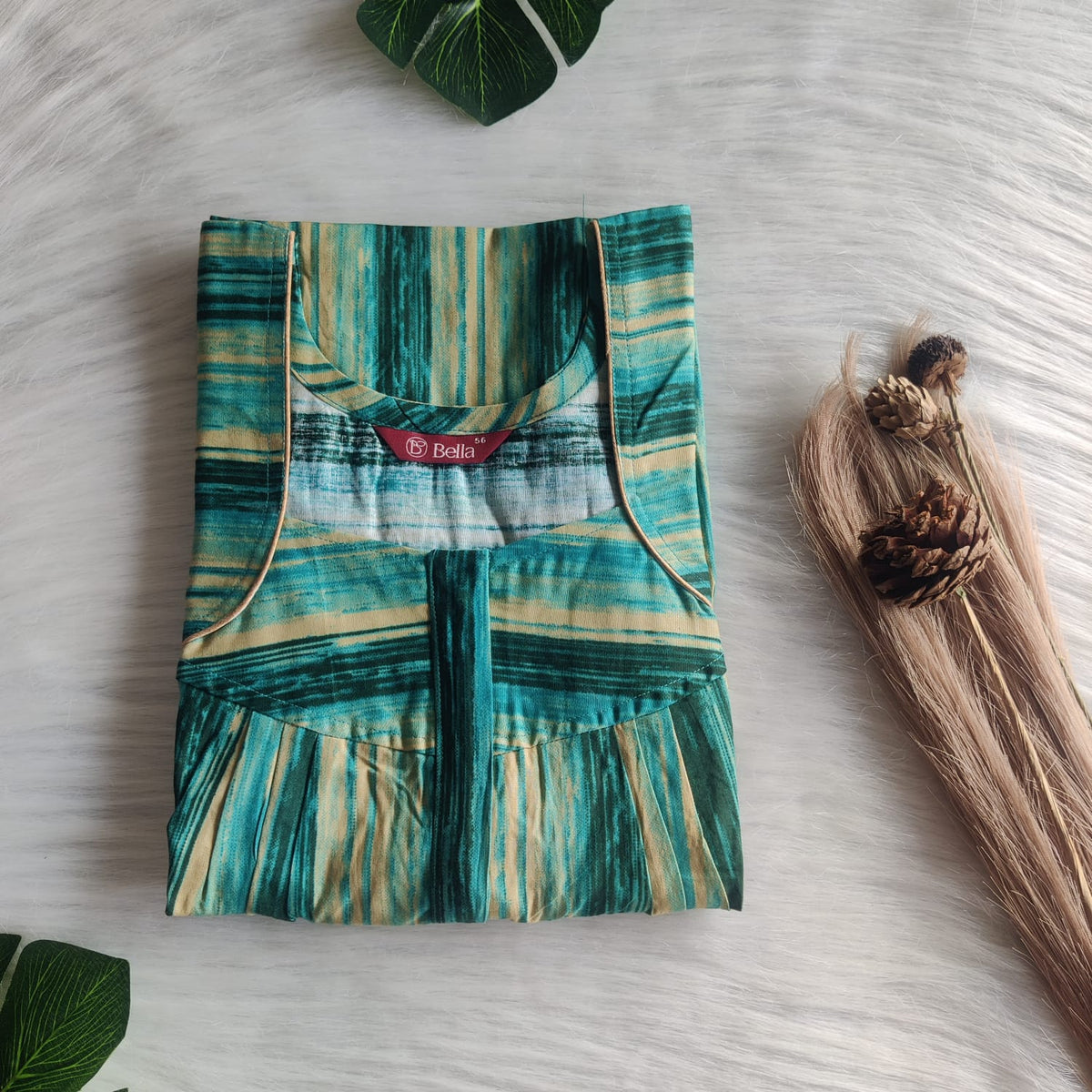 Green And Yellow Printed Premium Cotton Pleated Zip Nighty | Free Size | Chest Width 44″| Length 54″-55″