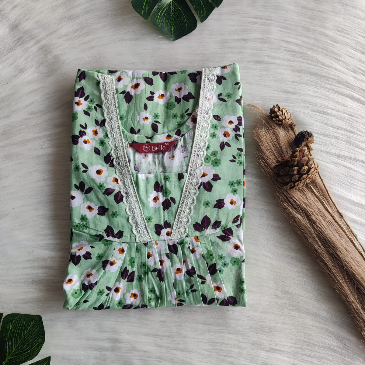 Pastel Green Printed Premium Cotton V-Neck Lace Pleated Nighty | No Zip | Free Size | Chest Width 44″| Length 56″