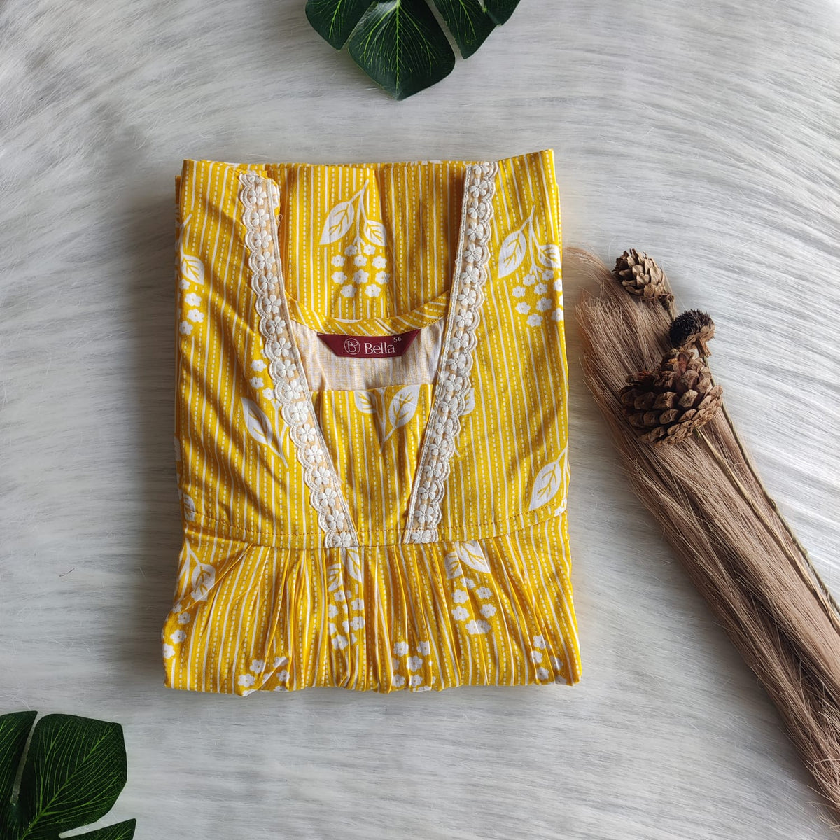 Yellow Floral Printed Premium Cotton V-Neck Lace Pleated Nighty | No Zip | Free Size | Chest Width 44″| Length 56″