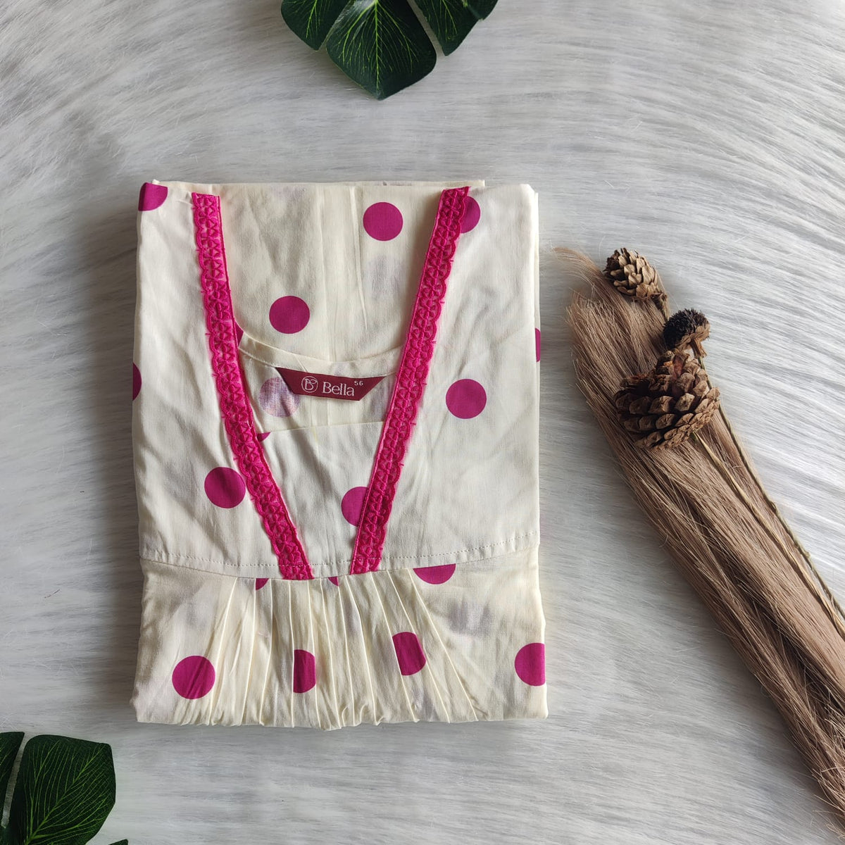 Pink Dot Printed Ivory Premium Cotton V-Neck Lace Pleated Nighty | No Zip | Free Size | Chest Width 44″| Length 56″