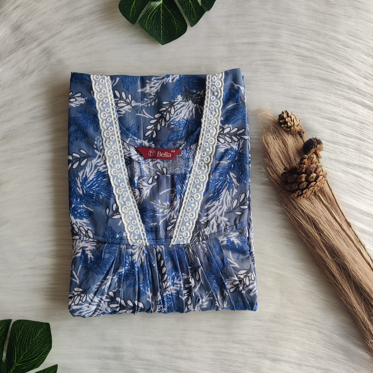 Blue Leaf Floral Printed Premium Cotton V-Neck Lace Pleated Nighty | No Zip | Free Size | Chest Width 44″| Length 56″