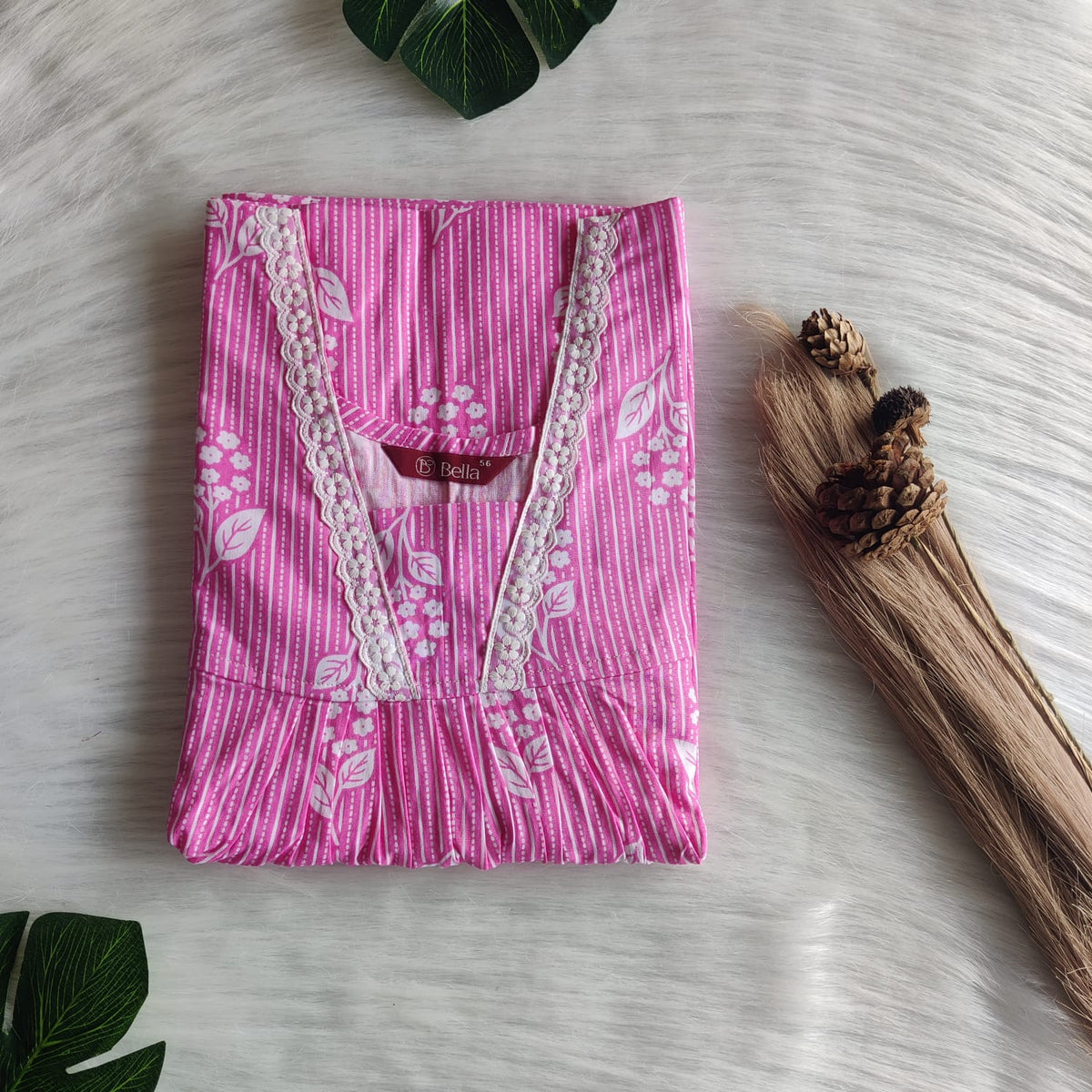 Pink Floral Printed Premium Cotton V-Neck Lace Pleated Nighty | No Zip | Free Size | Chest Width 44″| Length 56″