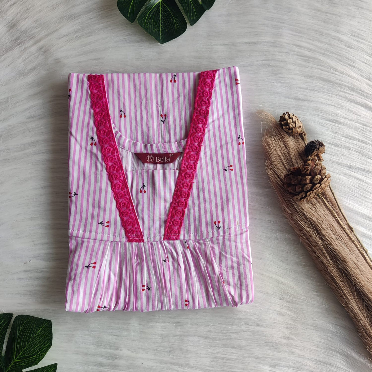 Pink Stripe Printed Premium Cotton V-Neck Lace Pleated Nighty | No Zip | Free Size | Chest Width 44″| Length 56″