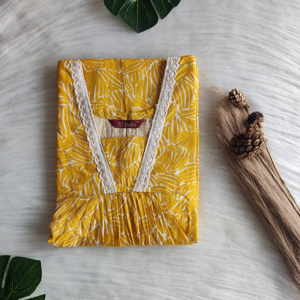 Yellow Printed Premium Cotton V-Neck Lace Pleated Nighty | No Zip | Free Size | Chest Width 44″| Length 56″