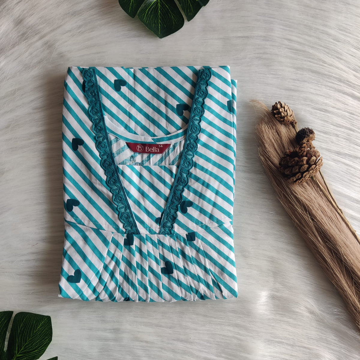 Aqua Blue Heart Printed Premium Cotton V-Neck Lace Pleated Nighty | No Zip | Free Size | Chest Width 44″| Length 56″