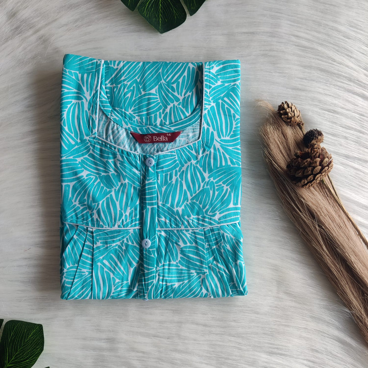 Blue Printed Premium Cotton Button Zip Nighty | Free Size | Chest Width 44″| Length 55″-56″