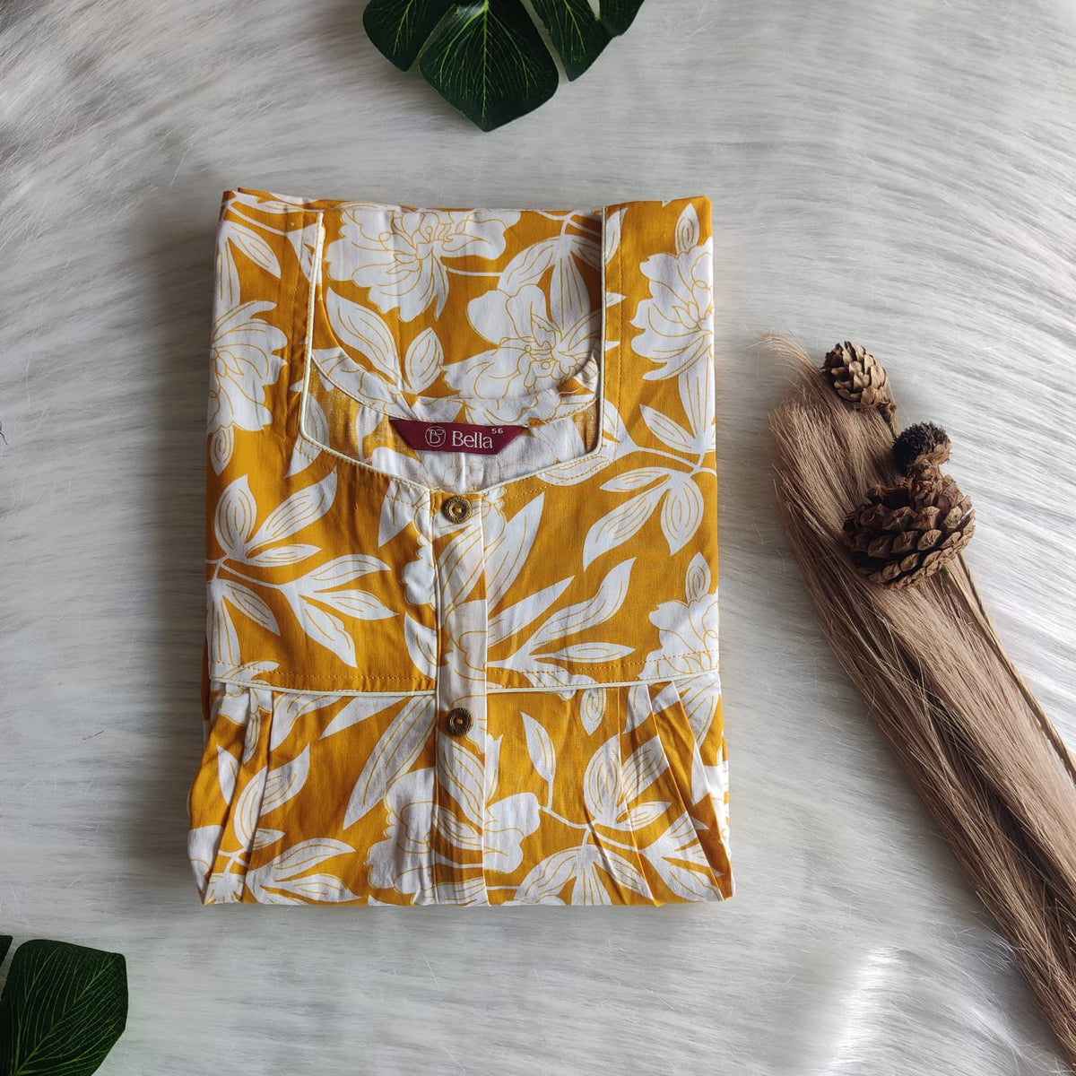 Mustard Yellow Floral Printed Premium Cotton Button Zip Nighty | Free Size | Chest Width 44″| Length 55″-56″