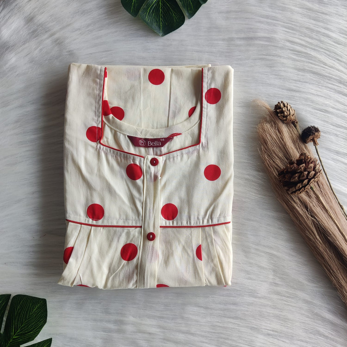 Red Dot Printed Ivory Printed Premium Cotton Button Zip Nighty | Free Size | Chest Width 44″| Length 55″-56″