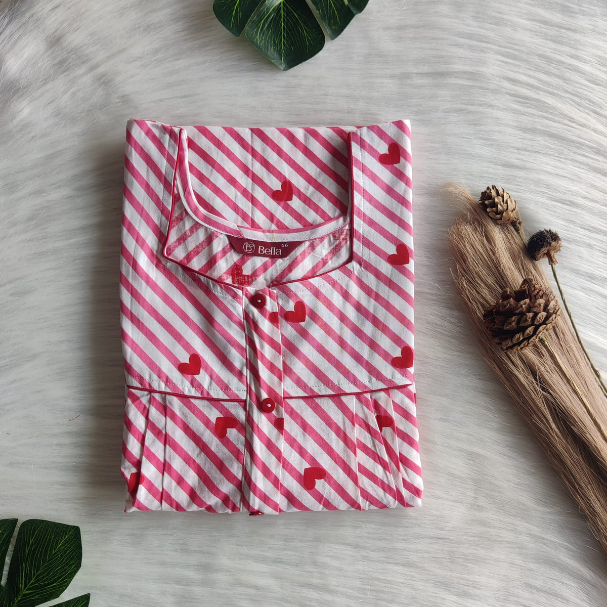 Pink Heart Printed Premium Cotton Button Zip Nighty | Free Size | Chest Width 44″| Length 55″-56″