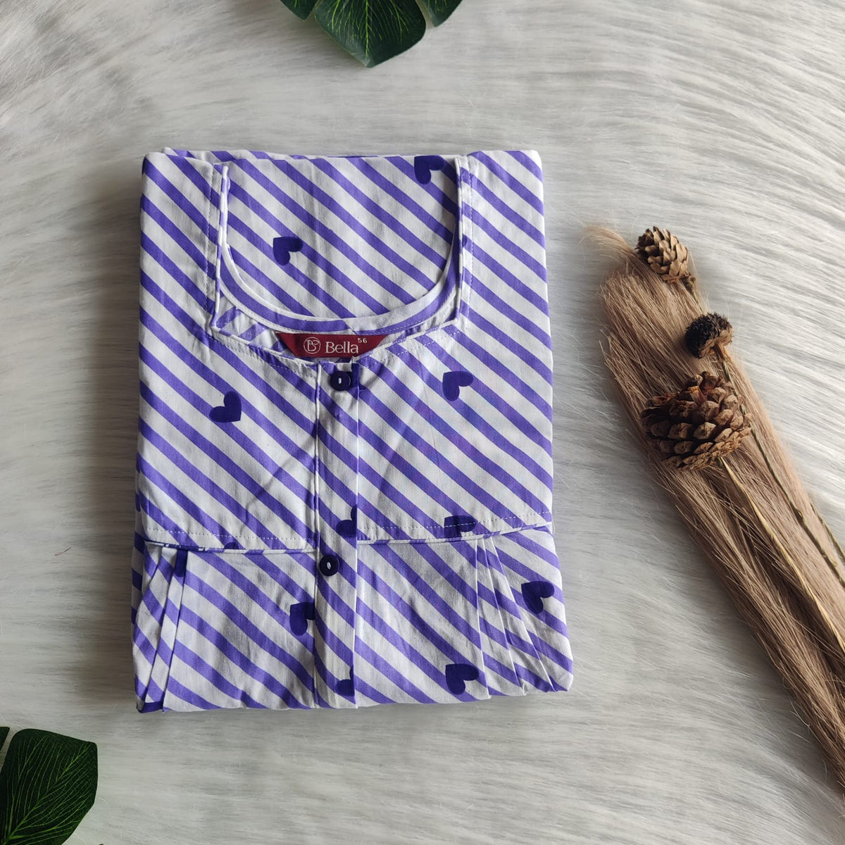 Purple Heart Printed Premium Cotton Button Zip Nighty | Free Size | Chest Width 44″| Length 55″-56″