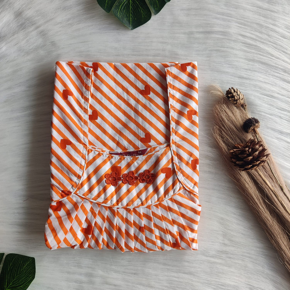 Orange Heart Printed Premium Cotton Three Flower Nighty |Free Size | Chest Width 44"| Length 54"-55"