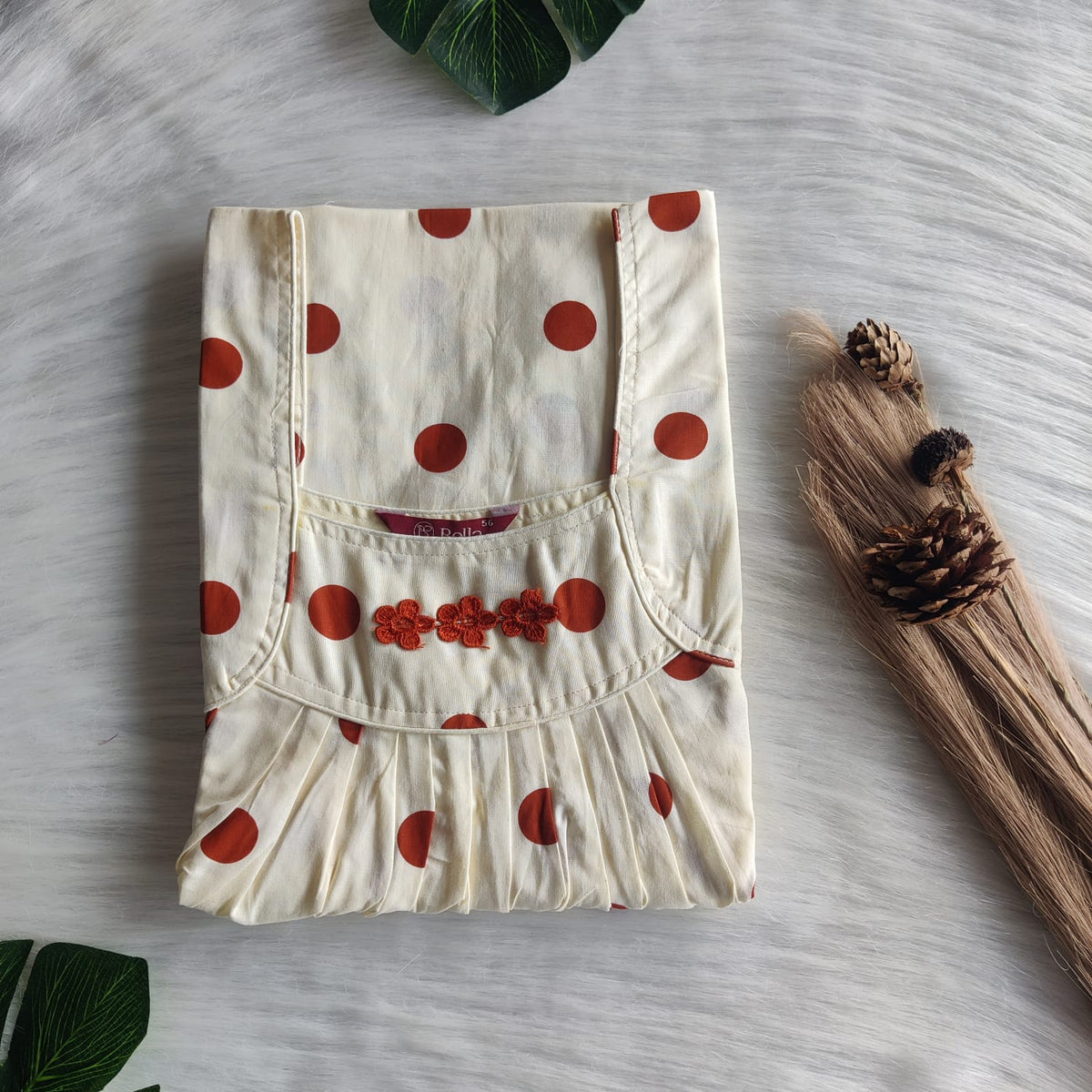 Brown Dot Printed Ivory Premium Cotton Three Flower Nighty |Free Size | Chest Width 44"| Length 54"-55"