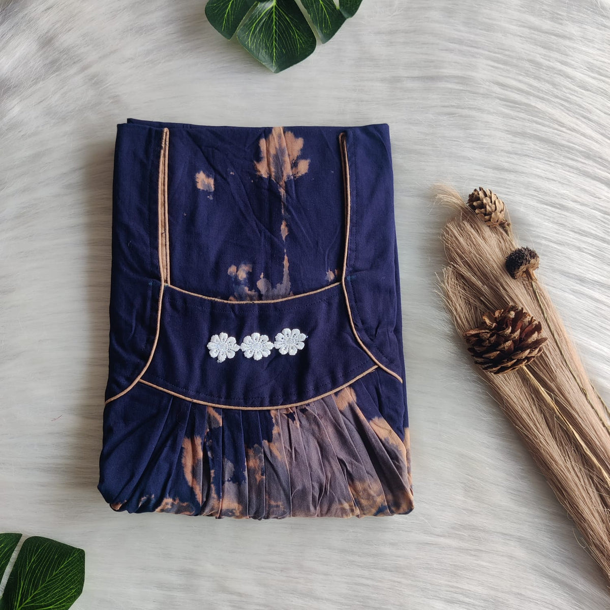 Navy Blue Printed Chungidi Cotton Three Flower Nighty |Free Size | Chest Width 44"| Length 54"-55"
