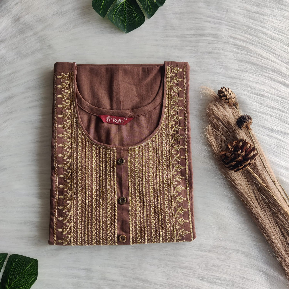 Pastel Brown Golden Thread Embroidery 3/4 Sleeve Cotton Churidar Cut Nighty  | Chest Width 44″ | Length 56″