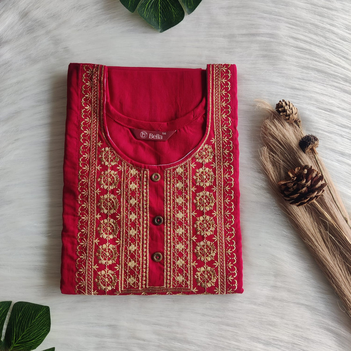 Rani Pink Golden Thread Embroidery 3/4 Sleeve Cotton Churidar Cut Nighty  | Chest Width 44″ | Length 56″