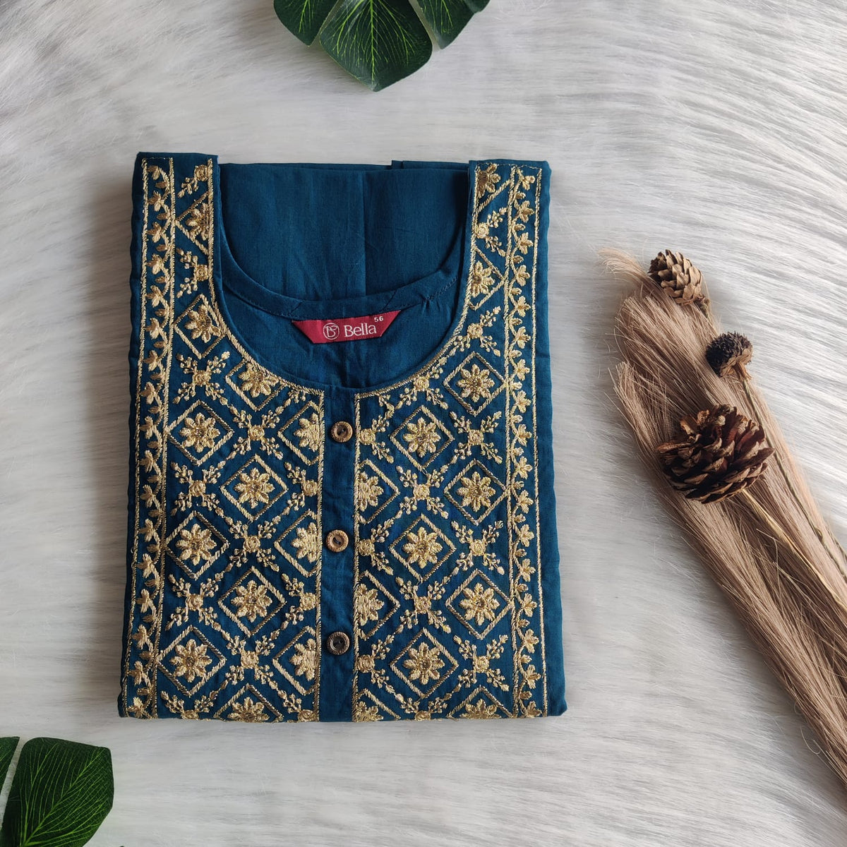 Teal Blue Golden Thread Embroidery 3/4 Sleeve Cotton Churidar Cut Nighty  | Chest Width 44″ | Length 56″