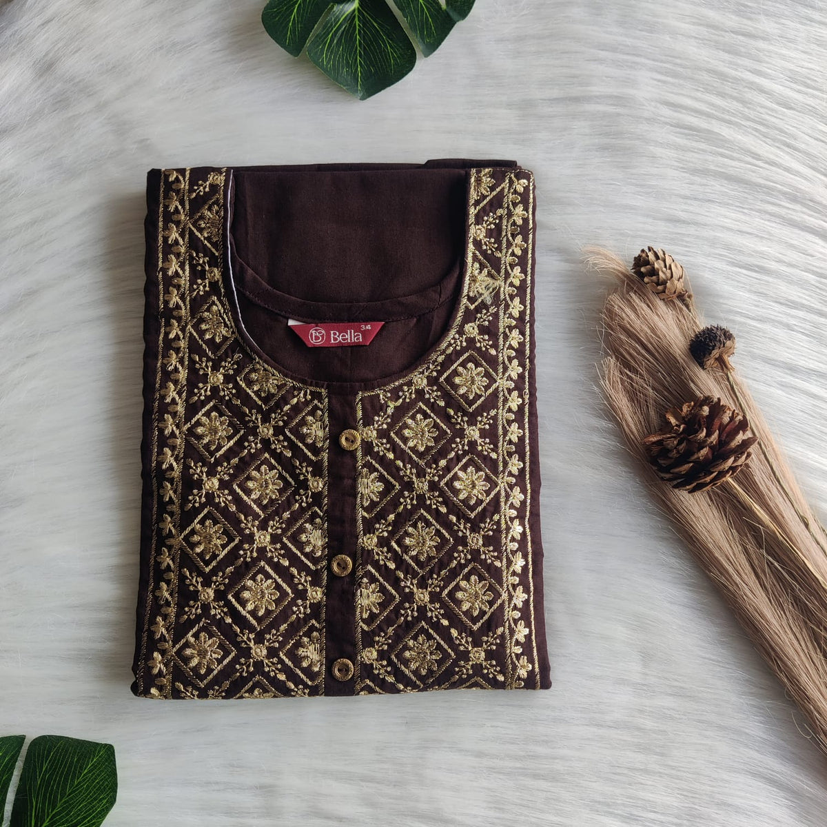 Coffee Brown Golden Thread Embroidery 3/4 Sleeve Cotton Churidar Cut Nighty  | Chest Width 44″ | Length 56″