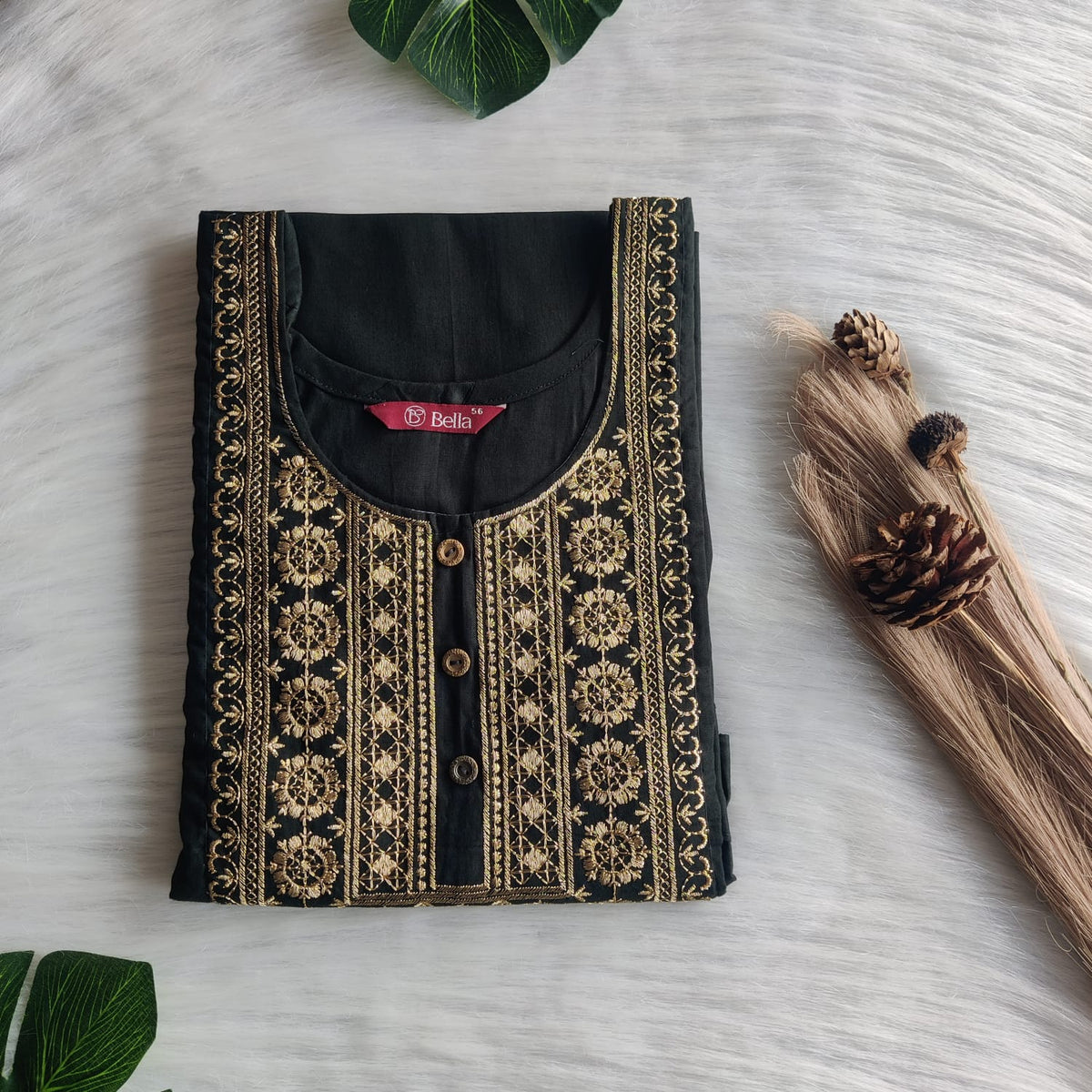 Dark Green Golden Thread Embroidery 3/4 Sleeve Cotton Churidar Cut Nighty  | Chest Width 44″ | Length 56″